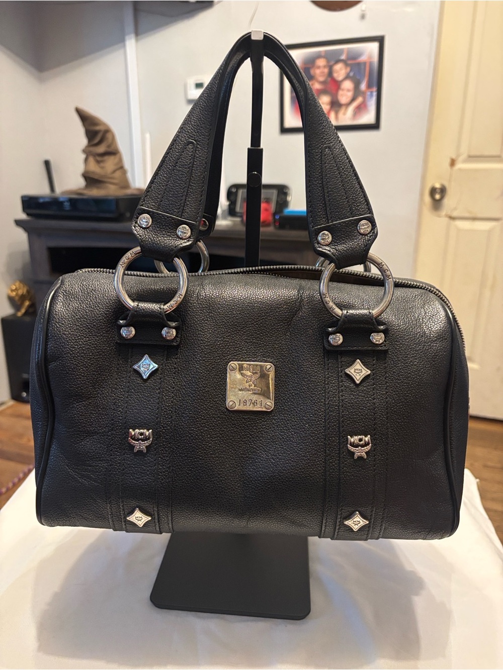 MCM Black Leather Top-Handle  Bag with Silver Accents